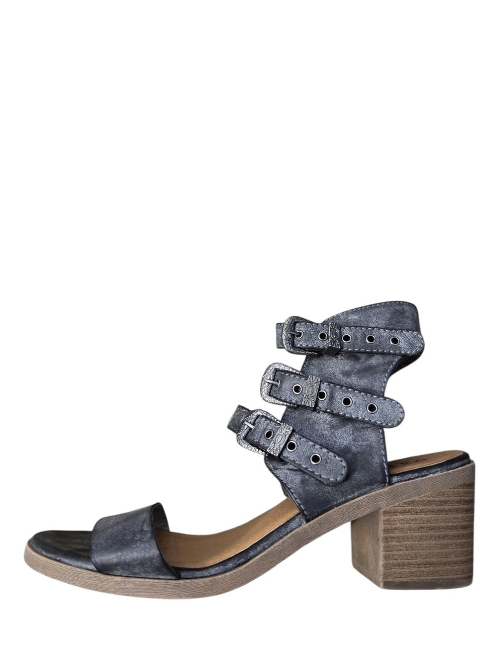 ​Solely Black by BKE Pixie Buckle Strappy Block Heel Sandals Metallic Grey 7.5M